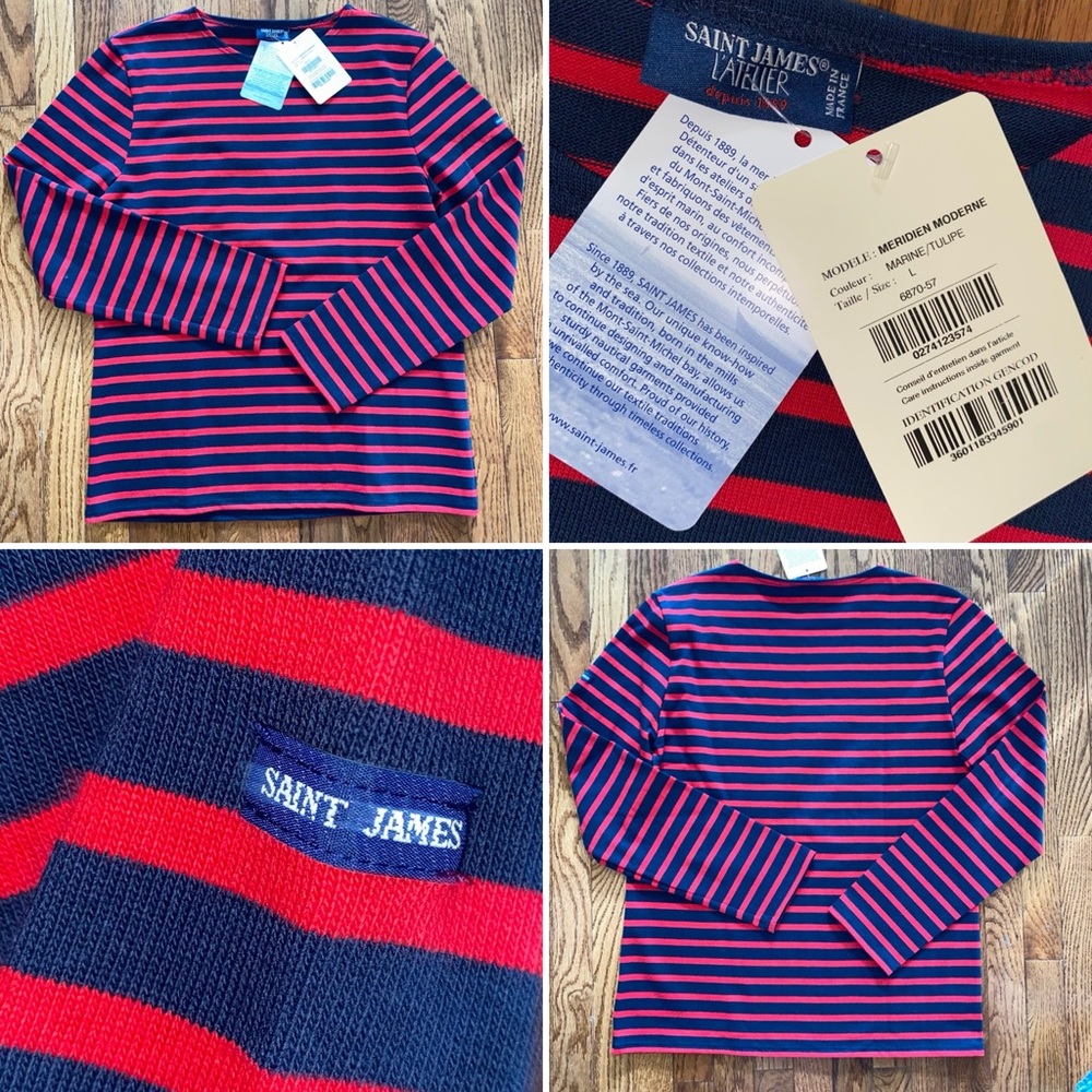 New $160 Saint James MERIDIEN MODERNE - Original Breton Shirt NAVY / RED LARGE